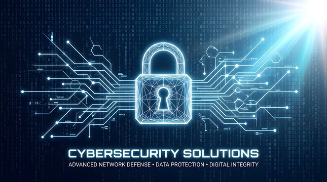 Cybersecurity network protection concept with padlock and digital data streams
