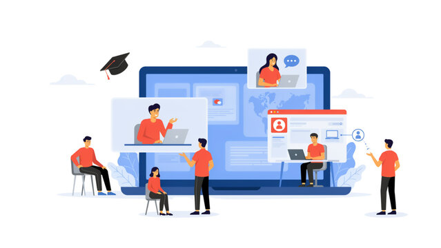 Group of students studying online with laptop and digital education platform for remote learning and virtual classroom Vector
