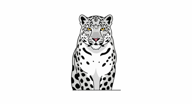A stylized, front-facing snow leopard with yellow eyes and a pink nose, set against a white background