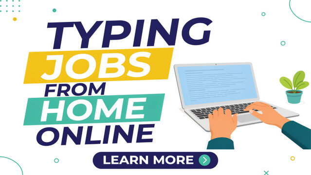 Typing jobs from home online banner with a person using a laptop computer for remote freelance work and digital business tasks Vector