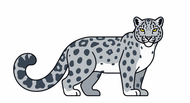A stylized illustration of a snow leopard with gray fur and dark spots