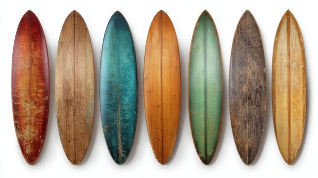 Retro wooden surfboards with weathered patina displayed in a neat studio setup