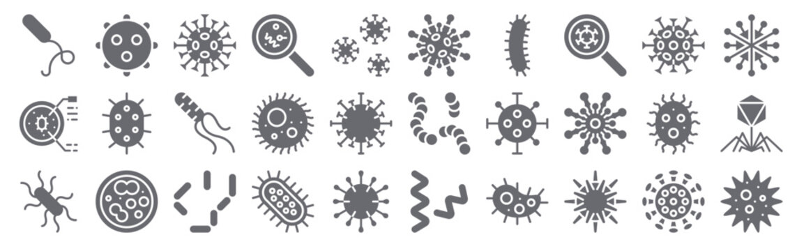 Collection of 30 solid Microorganism icons with bacteria, petri dish, e coli, virus, bacteria. Filled glyph vector illustration set