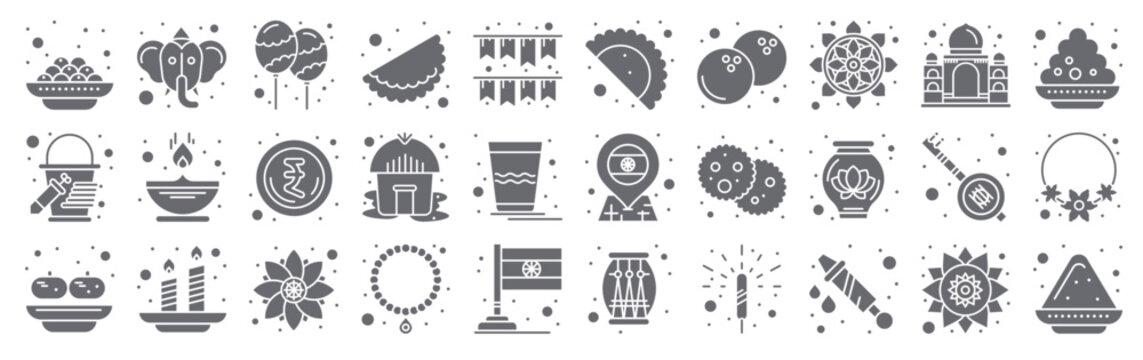 Collection of 30 solid Holi icons with kanji vadas, bucket, sandesh, ganesha, oil lamp. Filled glyph vector illustration set