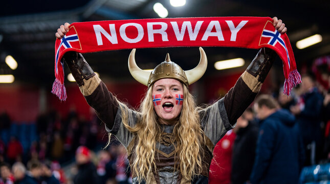 Norwegian female fan in viking helmet holding scarf at stadium