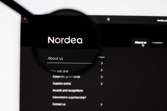 Milan, Italy 2026, 20 Apr Closeup of Nordea Bank website on a laptop screen. Nordea Bank logo under a magnifying glass.