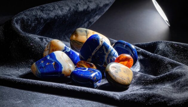 Smooth polished cabochons of lapis lazuli and amber gemstones, loosely arranged on a dark velvet surface