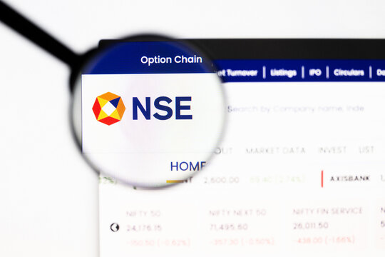 Milan, Italy 2026, 20 Apr Closeup of nse website on a laptop screen. nse logo under a magnifying glass.
