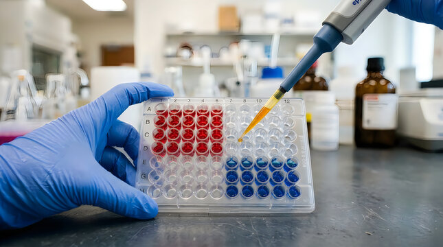 Laboratory research scientist adding liquid to multiwell plate