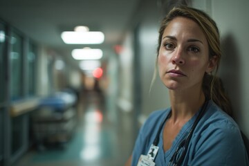 Fototapeta premium Sad female nurse in scrubs in a hospital hallway, overwhelmed