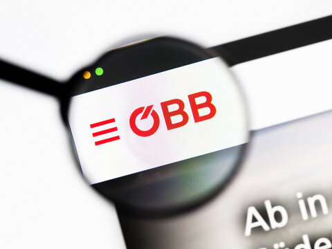 Milan, Italy 2026, 20 Apr Closeup of oebb website on a laptop screen. oebb logo under a magnifying glass.