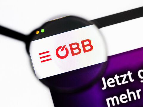 Milan, Italy 2026, 20 Apr Closeup of oebb website on a laptop screen. oebb logo under a magnifying glass.