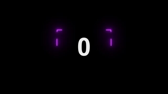 Glowing neon sign on black light countdown timer from 3 to 0 seconds. Neon glowing countdown timer 3 second animation. Neon Countdown on black background.