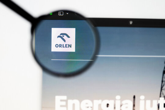 Milan, Italy 2026, 20 Apr Closeup of ORLEN Spolka Akcyjna website on a laptop screen. ORLEN Spolka Akcyjna logo under a magnifying glass.