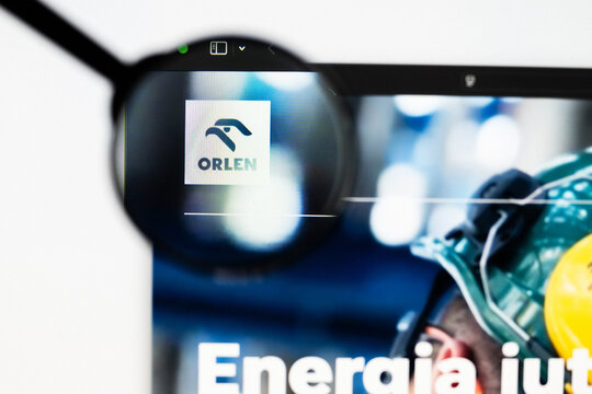 Milan, Italy 2026, 20 Apr Closeup of ORLEN Spolka Akcyjna website on a laptop screen. ORLEN Spolka Akcyjna logo under a magnifying glass.