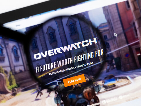 Milan, Italy 2026, 20 Apr Closeup of Overwatch 2 website on a laptop screen. Overwatch 2 logo under a magnifying glass.