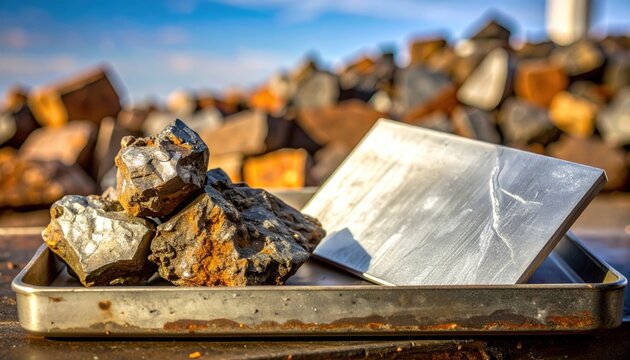Rough zinc ore chunks beside polished zinc sheets, highlighting contrasting textures and industrial materials