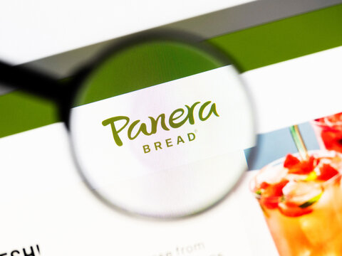 Milan, Italy 2026, 20 Apr Closeup of panera bread website on a laptop screen. panera bread logo under a magnifying glass.