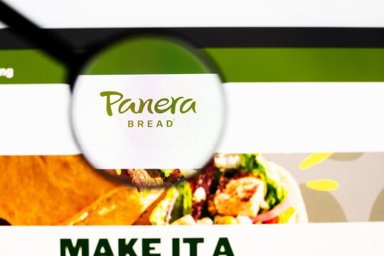 Milan, Italy 2026, 20 Apr Closeup of panera bread website on a laptop screen. panera bread logo under a magnifying glass.