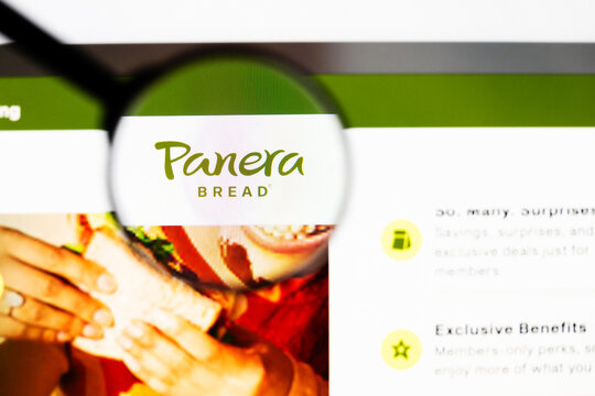 Milan, Italy 2026, 20 Apr Closeup of panera bread website on a laptop screen. panera bread logo under a magnifying glass.