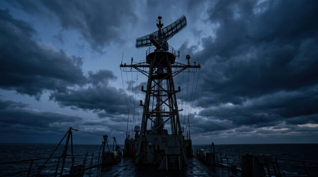 Silhouette of a naval ship radar mast against a dramatic stormy sky