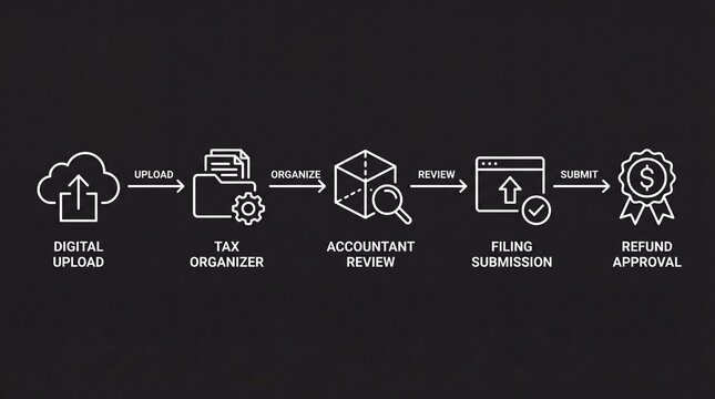 Tax preparation workflow process with digital upload to refund approval