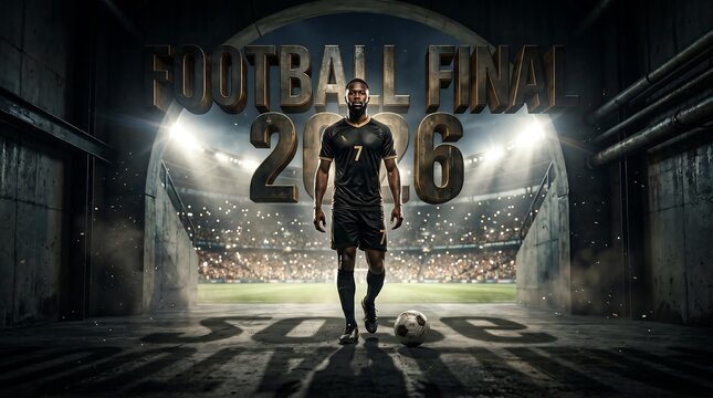 Professional soccer player standing in a stadium tunnel before the 2026 football final match, cinematic lighting, dramatic atmosphere, sports poster