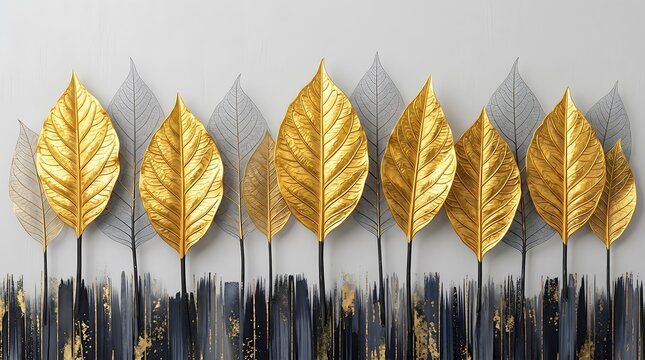 Elegant modern horizontal art piece featuring metallic golden leaves standing alongside delicate transparent skeleton leaves over textured black abstract brush strokes backdrop
