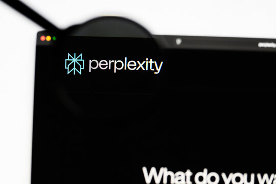 Milan, Italy 2026, 20 Apr Closeup of Perplexity AI website on a laptop screen. Perplexity AI logo under a magnifying glass.