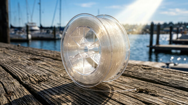 Spool of clear fishing line on a wooden dock at a marina