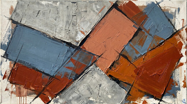 Contemporary fine art abstraction, rust orange and steel blue angular forms, layered transparent planes, visible brushstroke texture