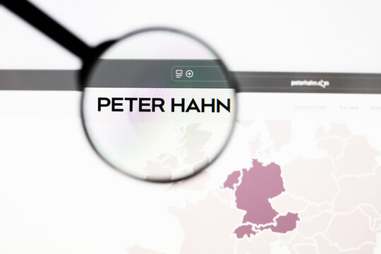 Milan, Italy 2026, 20 Apr Closeup of Peter Hahn website on a laptop screen. Peter Hahn logo under a magnifying glass.