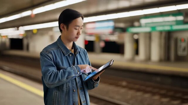 Young person using a tablet on a subway platform
