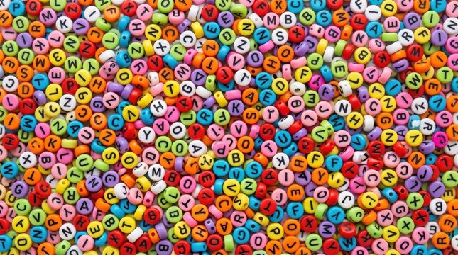 Colorful round alphabet beads background pattern flat lay