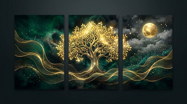 Set of three framed luxury wall art panels featuring a golden tree of life emerald swirls and a glowing full moon on dark background
