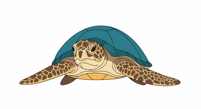 A cartoon sea turtle with a blue shell and patterned skin, swimming forward