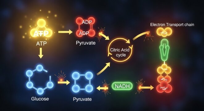 A detailed illustration of cellular respiration showing the conversion of glucose into energy through ATP production