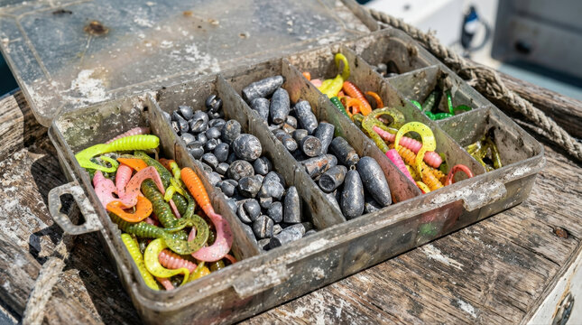 Old plastic fishing lures and lead sinkers in a weathered tackle box