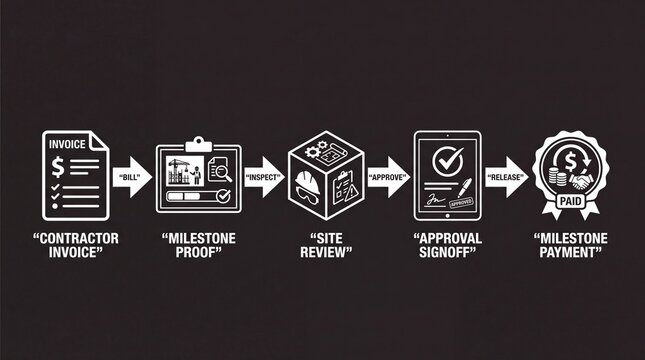 Construction project workflow icons illustrating contractor invoice milestone proof site review approval signoff