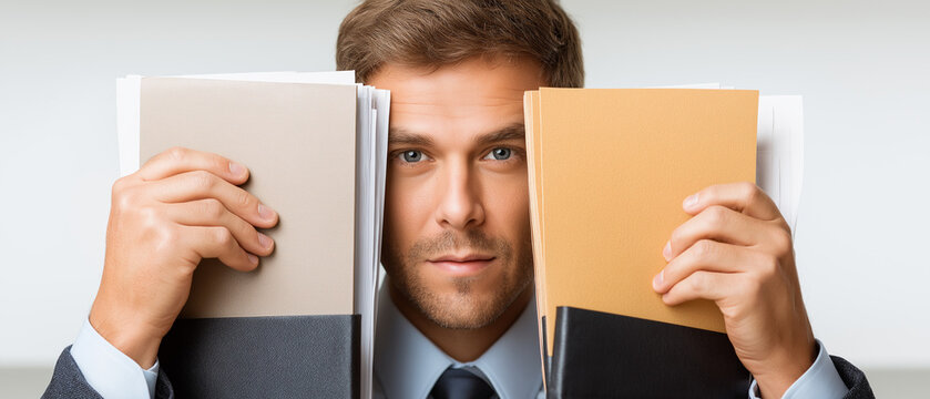 Holding Files: A businessman in a suit stands holding two file folders in front of his face, looking directly at the camera with a serious expression.