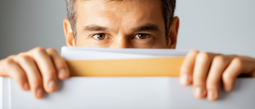 Man Peeking Over Border: A close-up, low-angle shot focuses on a man's intensely curious eyes peeking over a blurred white surface, suggesting intrigue and mystery.