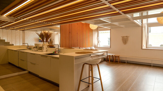 Modern open-plan kitchen and living area with natural wood accents and bright lighting