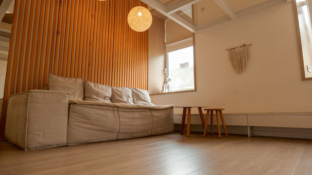 Modern living room with wooden wall paneling and comfortable modular sofa