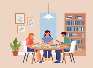 Fototapeta premium Family Dining Together at Home Enjoying Healthy Meal Conversation and Quality Time in Cozy Interior Vector Illustration