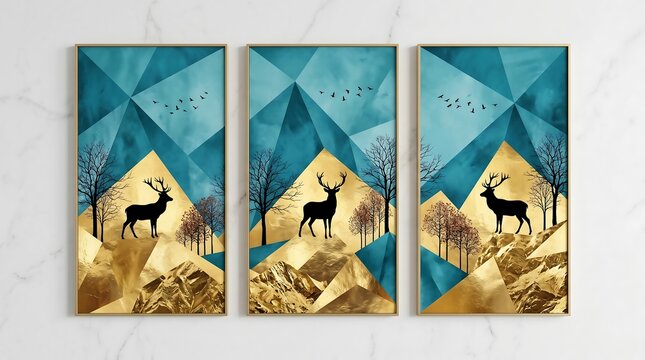 Elegant modern wall art triptych featuring majestic deer silhouettes standing on golden geometric mountains against a blue abstract low poly polygonal sky background