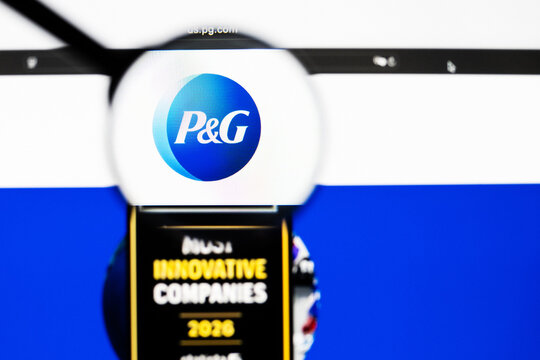 Milan, Italy 2026, 20 Apr Closeup of Procter & Gamble website on a laptop screen. Procter & Gamble logo under a magnifying glass.