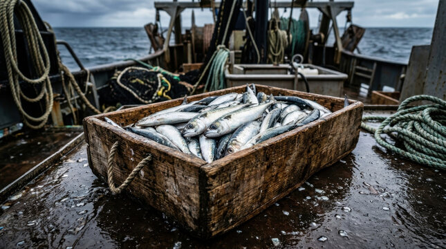 Freshly caught sardines in a wooden crate on a fishing boat deck