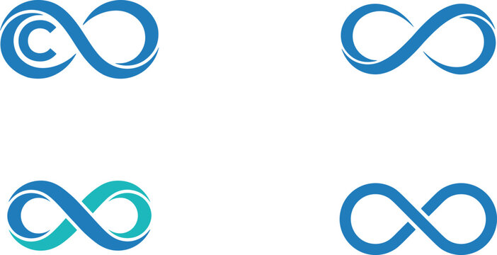 Stylized infinity vector icons in blue and teal with wave, geometric, and flowing designs representing continuity, balance, and creative branding