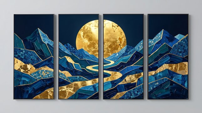 Stunning four panel quadriptych wall art showcasing abstract blue mosaic mountains and a winding golden river beneath a massive glowing full moon night sky