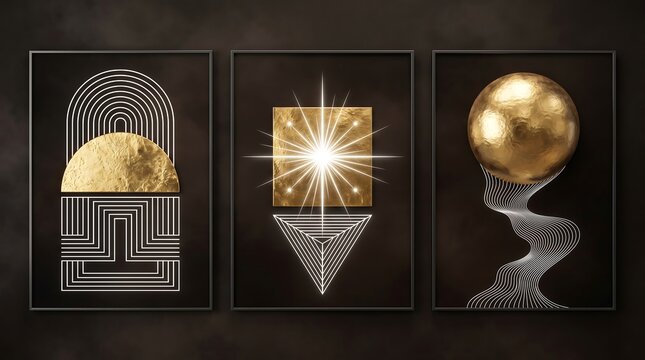 Sophisticated three panel triptych wall art displaying abstract sacred geometry with a golden textured half circle bright shining star and metallic 3D sphere